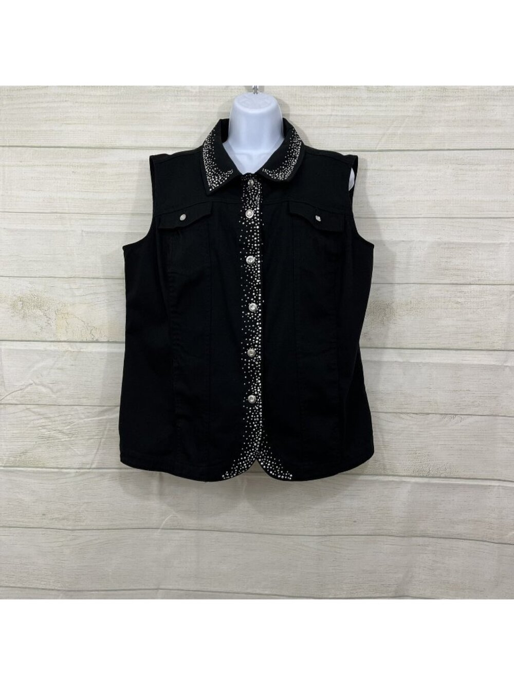 Quackery Factory Vest Womens Large Black Button Front Embellished Rhinestone
